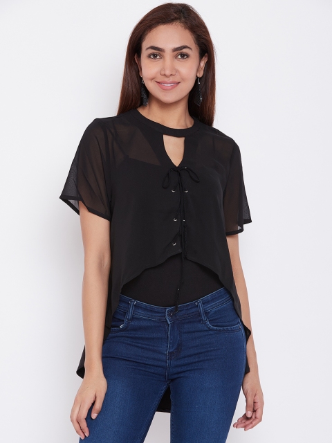 

LA LOFT Women Black Solid Sheer High-Low Top