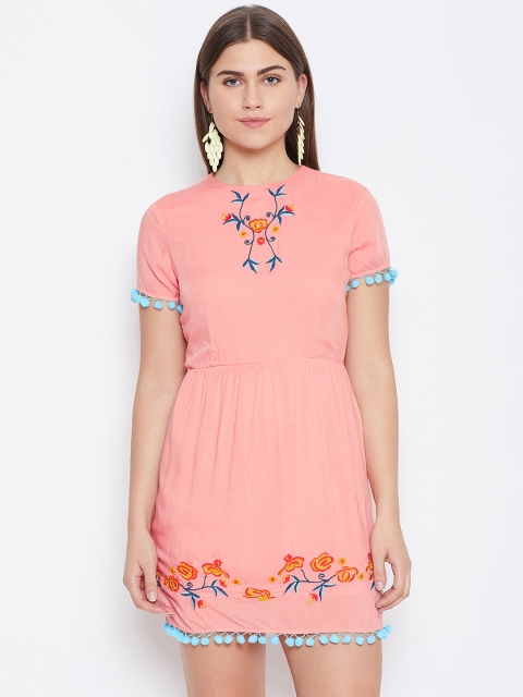 

LA LOFT Women Peach-Coloured Embroidered Detail A-Line Dress