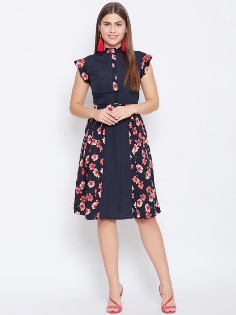 

LA LOFT Women Navy Blue & Orange Floral Printed A-Line Dress