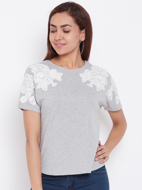 

LA LOFT Women Grey Melange Applique Detail Top