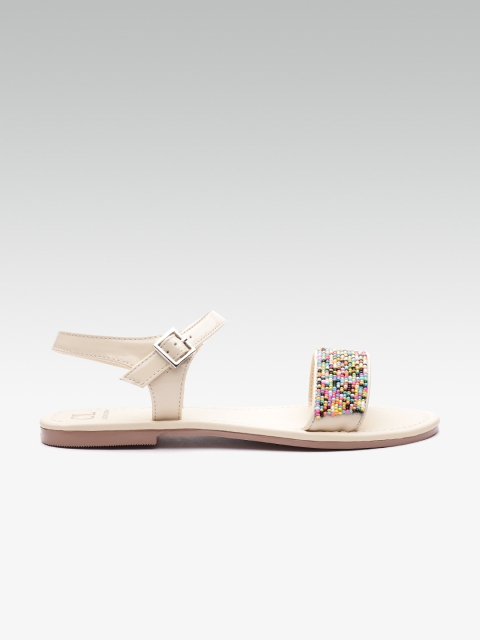

Carlton London Women Off-White & Blue Beaded Open Toe Flats