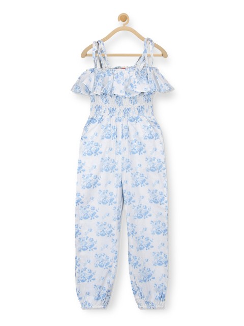 

Olele Girls Blue & White Self Design Basic Jumpsuit