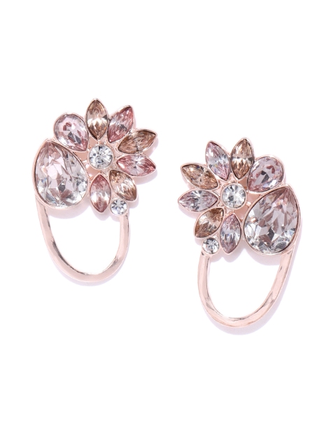 

Forever New Rose Gold-Toned & Peach-Coloured Stone-Studded Floral Drop Earrings