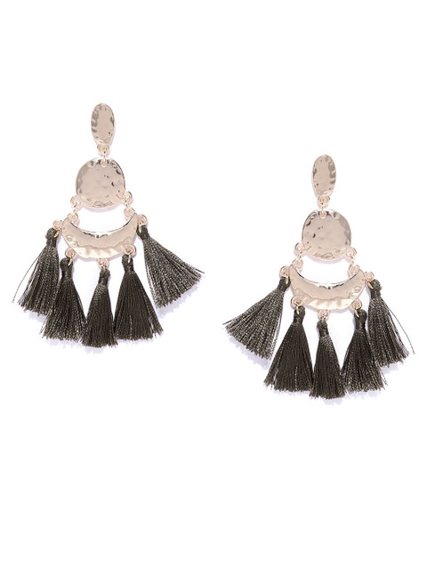 

Forever New Olive Green & Gold-Toned Crescent Shaped Tasselled Drop Earrings