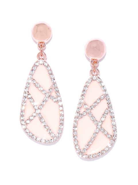 

Forever New Peach-Coloured Stone-Studded Enamelled Teardrop Shaped Drop Earrings