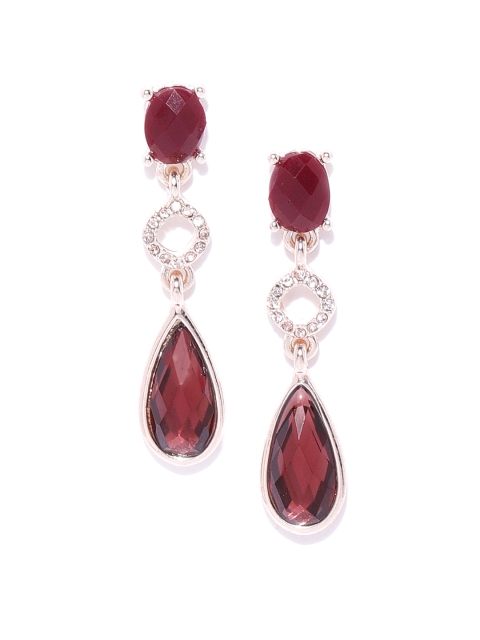 

Forever New Wine-Coloured & Rose Gold-Toned Stone-Studded Teardrop Shaped Drop Earrings, Burgundy