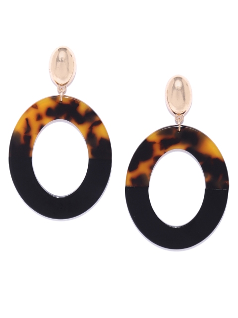 

Forever New Black & Mustard Brown Printed Oval Drop Earrings