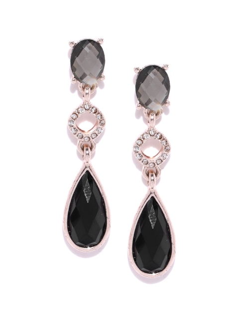 

Forever New Black & Rose Gold-Toned Stone-Studded Teardrop Shaped Drop Earrings