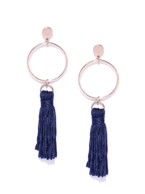 

Forever New Navy Blue & Rose Gold-Toned Tasselled Circular Drop Earrings