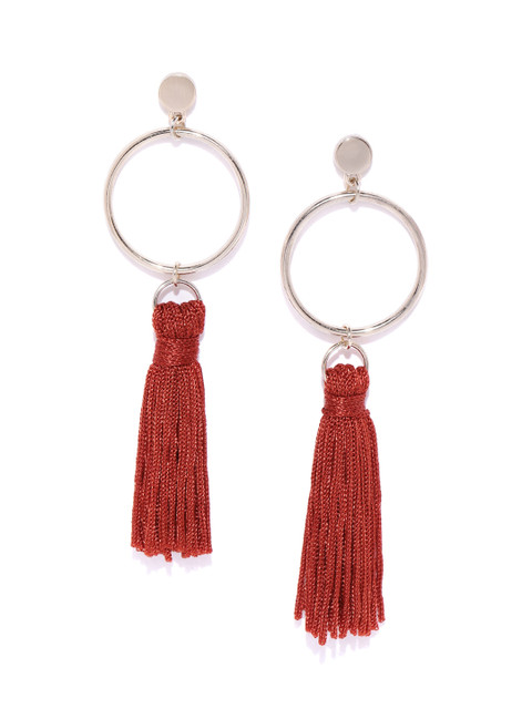 

Forever New Rust Red & Gold-Toned Tasselled Circular Drop Earrings