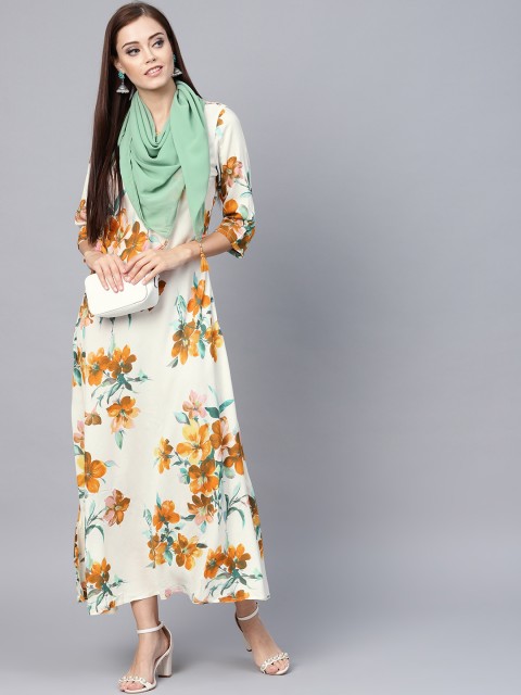 

Shree Women Off-White & Mustard Yellow Floral Print Maxi Dress