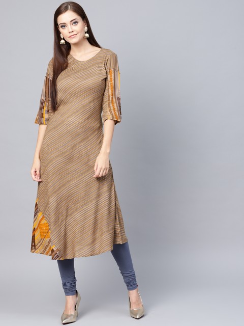 

Shree Women Mustard Brown & Grey Striped A-Line Kurta