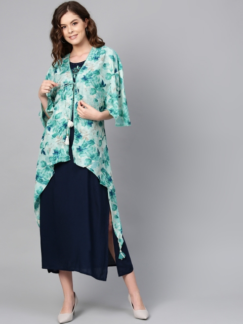 

Shree Women Navy Blue & Green Solid Maxi Dress with Printed Shrug