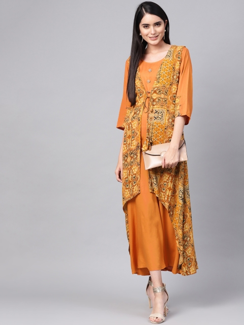 

Shree Women Orange & Mustard Yellow Solid Layered Maxi Dress