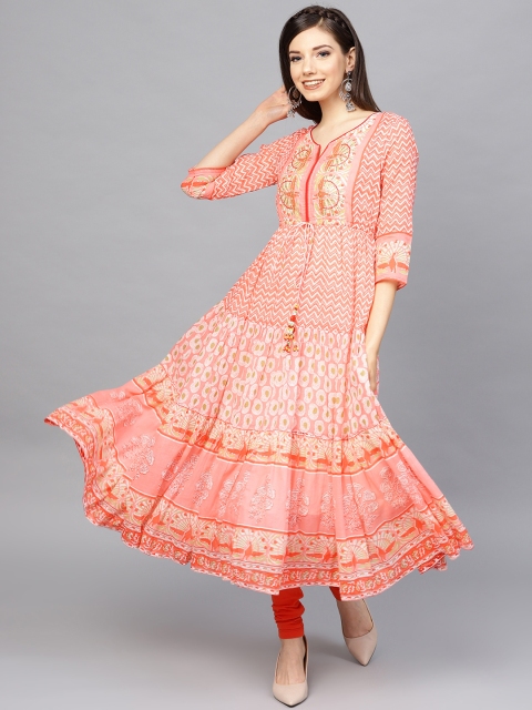 

Rain & Rainbow Women Peach-Coloured & Off-White Printed Tiered Anarkali Kurta