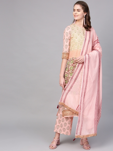

Rain & Rainbow Women Peach-Coloured & Green Printed Kurta with Palazzos & Dupatta
