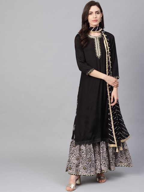 

Rain & Rainbow Women Black Yoke Design Kurta with Sharara & Dupatta