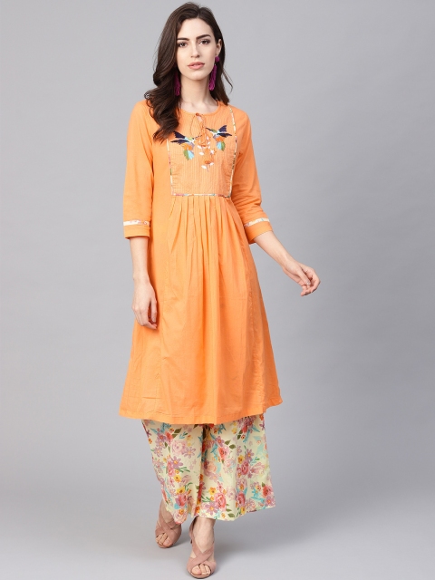 

Rain & Rainbow Women Orange & Cream-Coloured Yoke Design Kurta with Palazzos