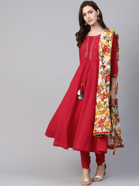 

Rain & Rainbow Women Red Yoke Design Kurta with Churidar & Dupatta