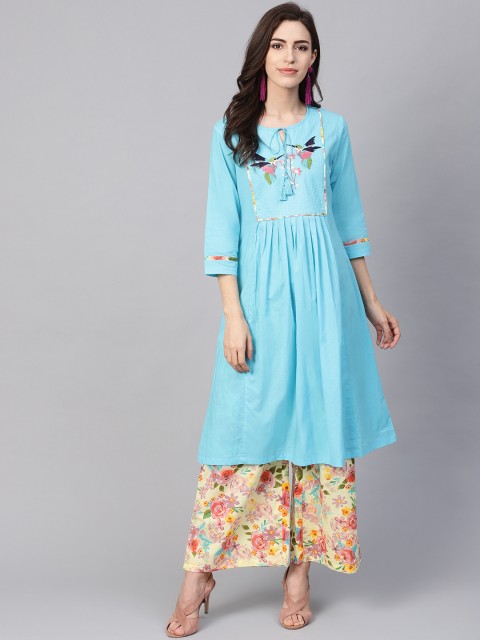 

Rain & Rainbow Women Blue & Cream-Coloured Yoke Design Kurta with Palazzos
