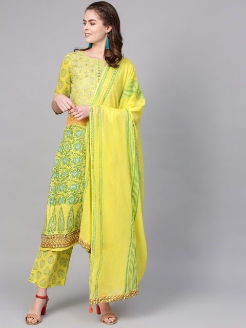 

Rain & Rainbow Women Yellow & Green Printed Kurta with Palazzos & Dupatta
