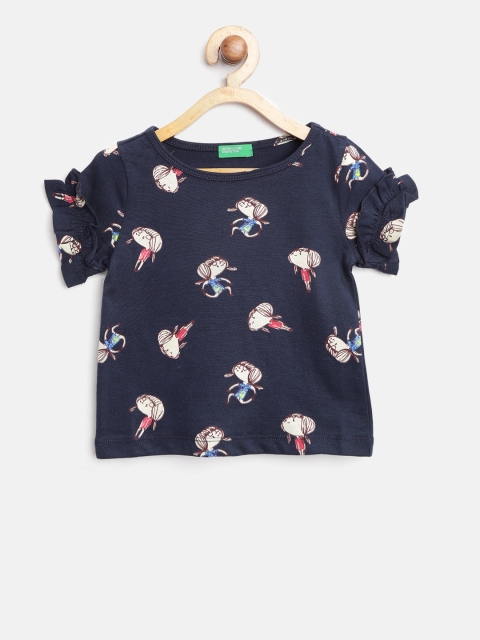 United Colors of Benetton Girls Navy Blue & Beige Printed Top