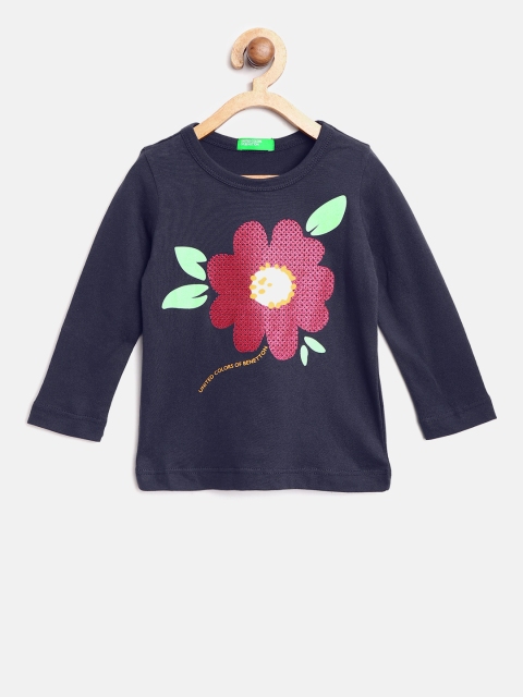 

United Colors of Benetton Girls Navy & Pink Printed Round Neck T-shirt, Navy blue