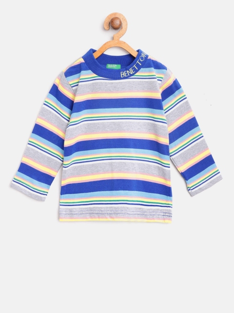 

United Colors of Benetton Boys Grey Melange & Blue Striped Round Neck T-shirt