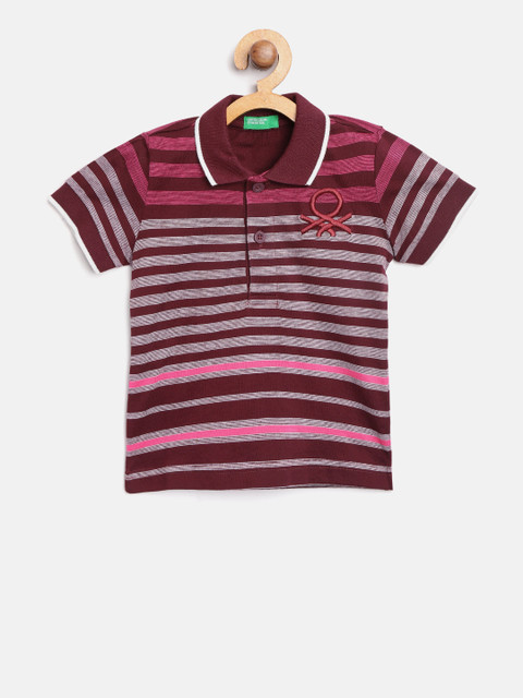 

United Colors of Benetton Boys Burgundy & White Striped Polo Collar T-shirt