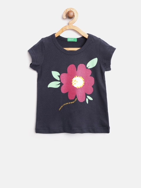 

United Colors of Benetton Girls Navy & Pink Printed Round Neck T-shirt, Navy blue