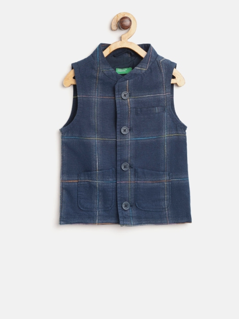 

United Colors of Benetton Boys Navy Blue & White Checked Nehru Jacket