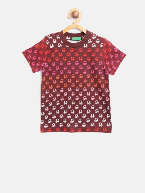 United Colors of Benetton Boys Brown & Orange Printed Round Neck T-shirt