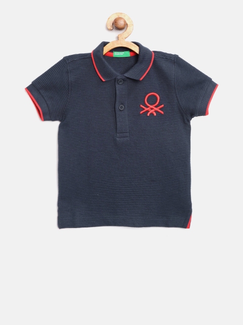 

United Colors of Benetton Boys Navy Blue Self-Striped Polo Collar T-shirt