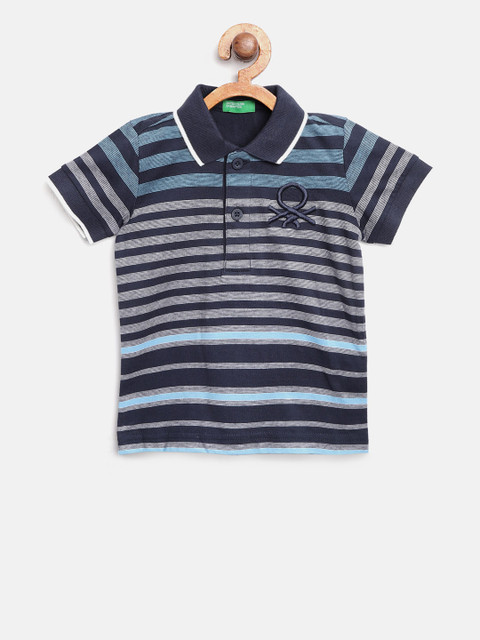

United Colors of Benetton Boys Navy Blue & White Striped Polo Collar T-shirt
