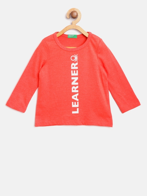 

United Colors of Benetton Girls Coral Red Printed Round Neck T-shirt