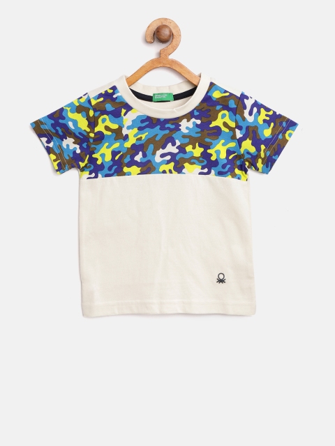 

United Colors of Benetton Boys Off-White & Blue Printed Round Neck T-shirt