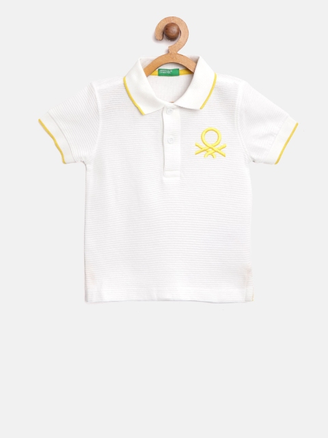 

United Colors of Benetton Boys White Self Striped Polo Collar T-shirt