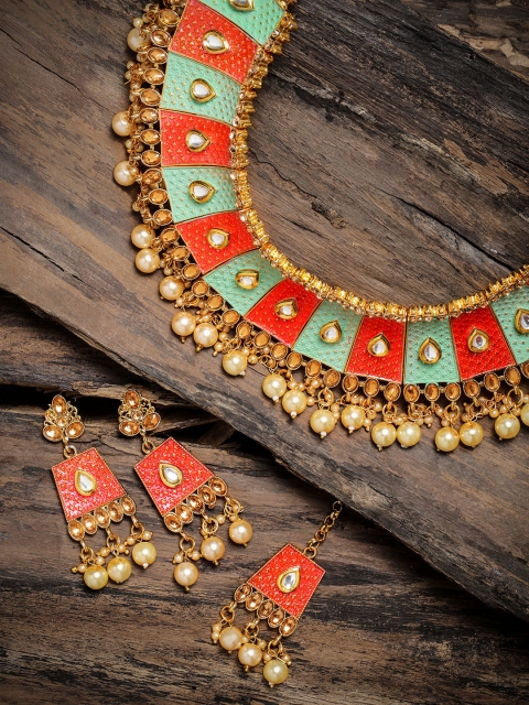 

Zaveri Pearls Gold-Toned Enamelled Traditional Jewellery Set