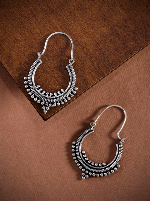 

Zaveri Pearls Silver-Toned Circular Antique Hoop Earrings