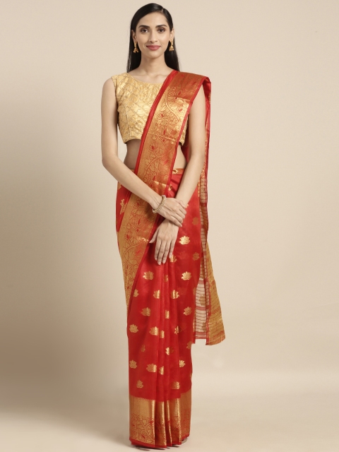 

Pisara Red & Gold-Toned Silk Cotton Woven Design Chanderi Saree