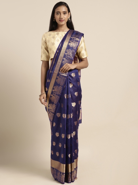 

Pisara Navy Blue & Gold-Toned Silk Cotton Woven Design Chanderi Saree