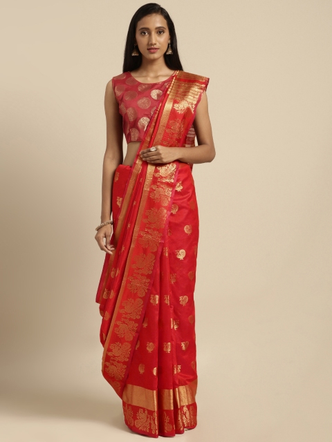 

Pisara Red & Gold-Toned Silk Cotton Woven Design Chanderi Saree