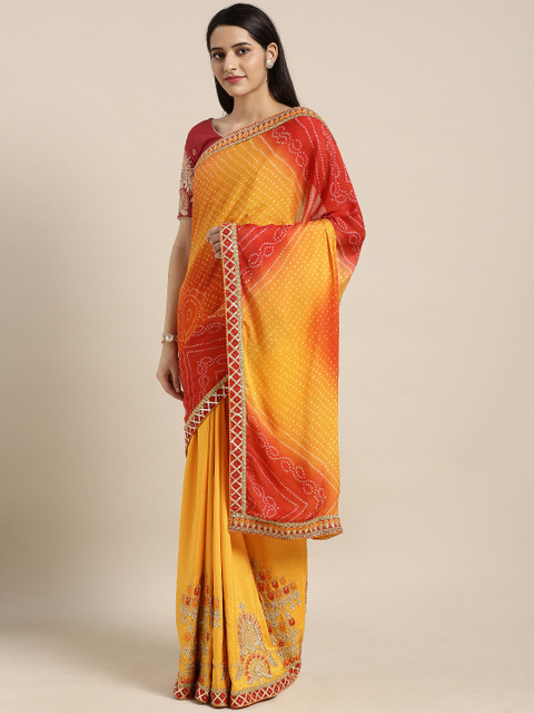 

Kvsfab Red & Yellow Poly Georgette Printed Bandhani Saree