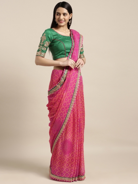

Kvsfab Pink & Green Poly Georgette Printed Bandhani Saree