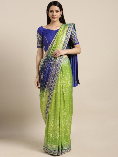 

Kvsfab Green & Blue Poly Georgette Printed Bandhani Saree