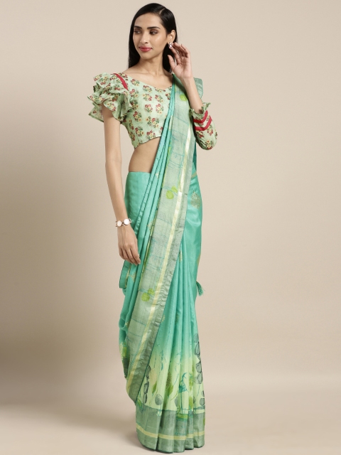 

Kvsfab Sea Green Printed Silk Blend Saree