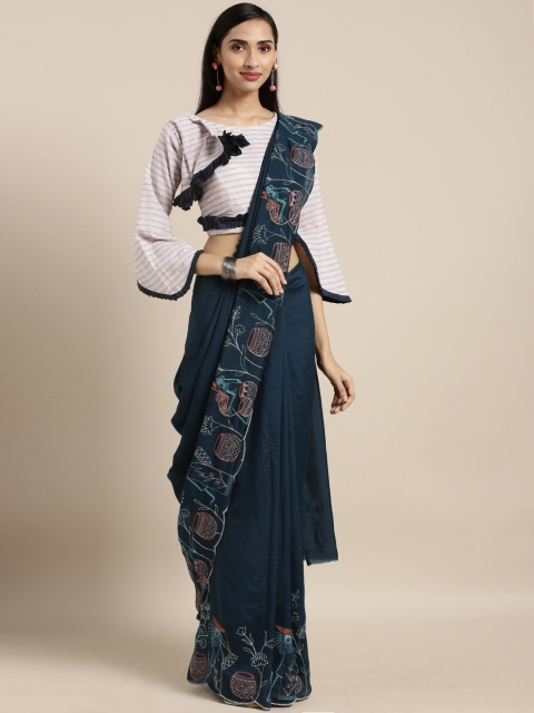 

Kvsfab Navy Blue Embroidered Silk Blend Saree