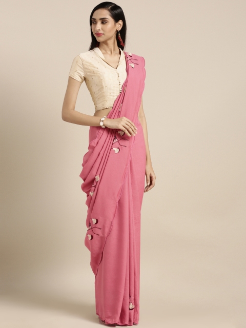 Pink & Beige Silk Blend Embroidered Saree