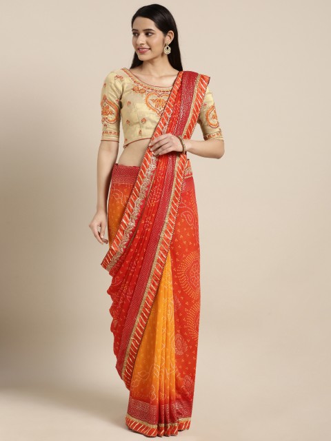 

Kvsfab Yellow & Orange Poly Georgette Printed Bandhani Saree