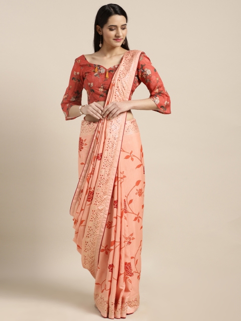 

Kvsfab Peach & Orange Silk Blend Printed Saree